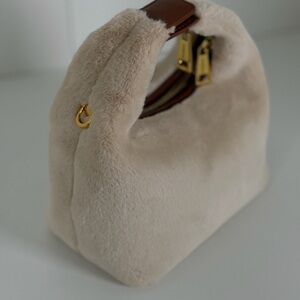 Plush Cream Faux-Fur Handbag with Gold Hardware